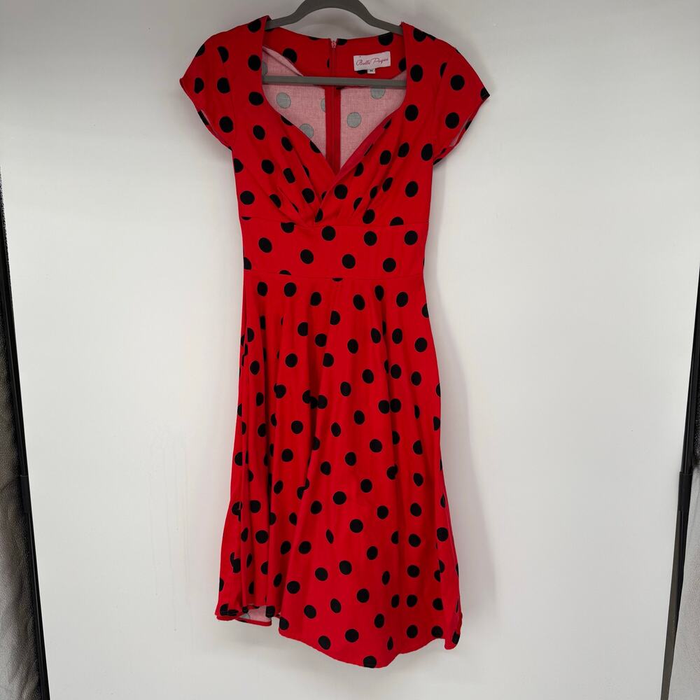 Belle Poque Polka Dot Fit & Flared Dress Womens Sz M Red Black Rockabilly Pin-Up
